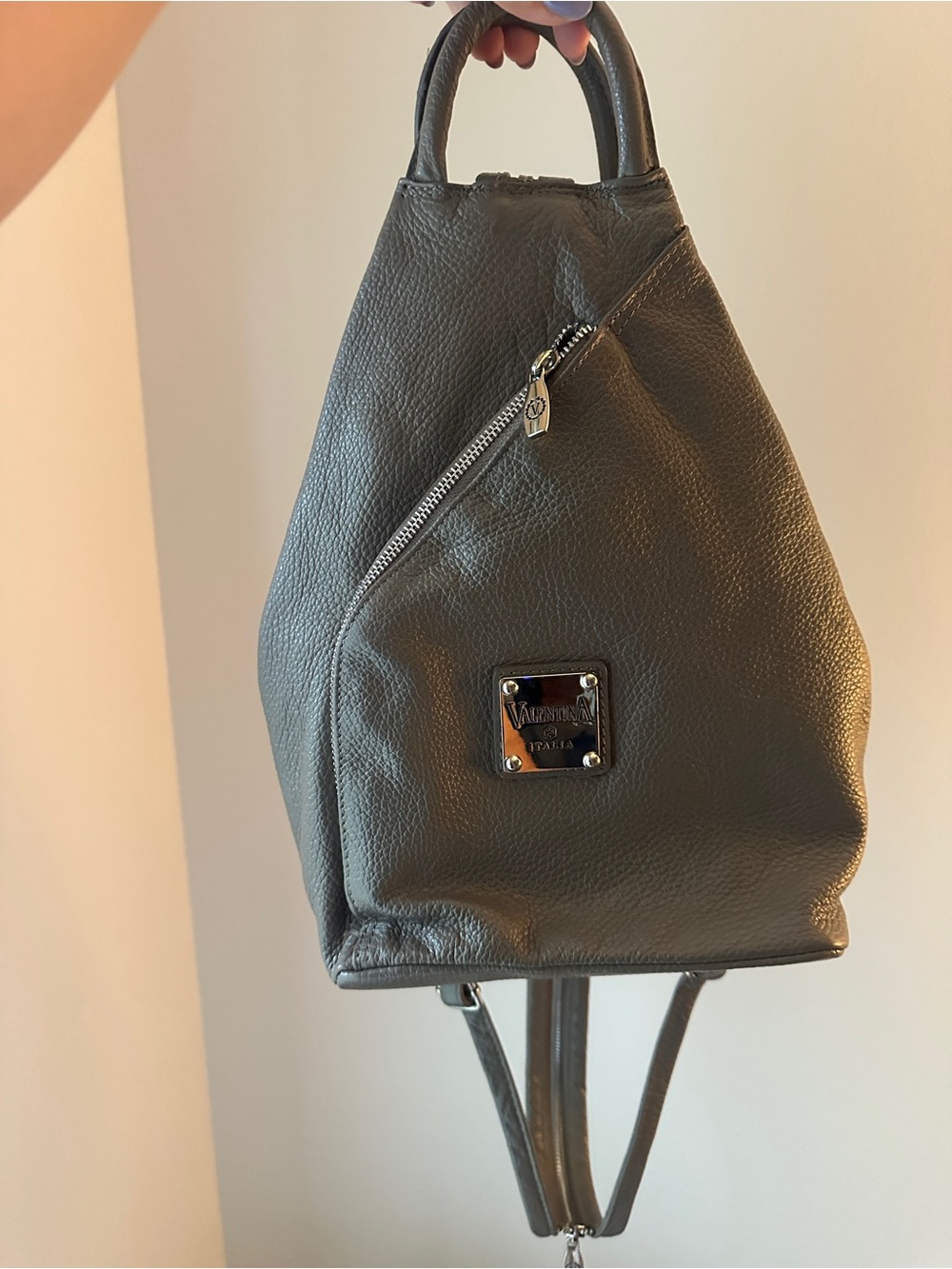 Valentina Charcoal Pebbled Leather Backpack with Diagonal Zip